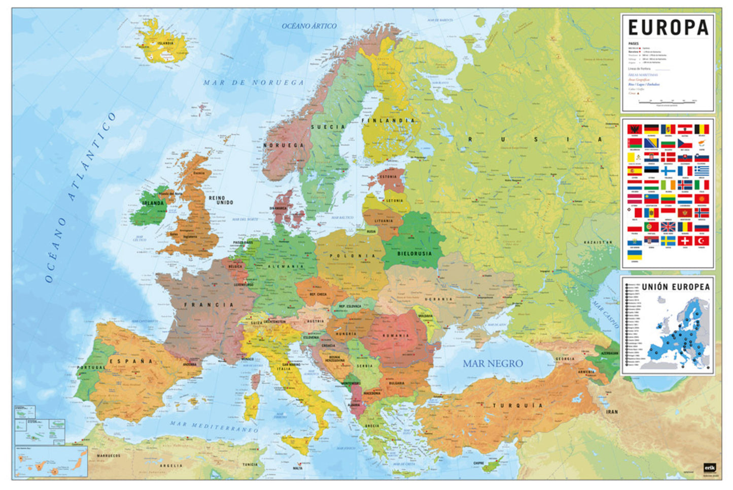 Poster Map of Europe - Physical Politic - Spanish - 91,5x61cm