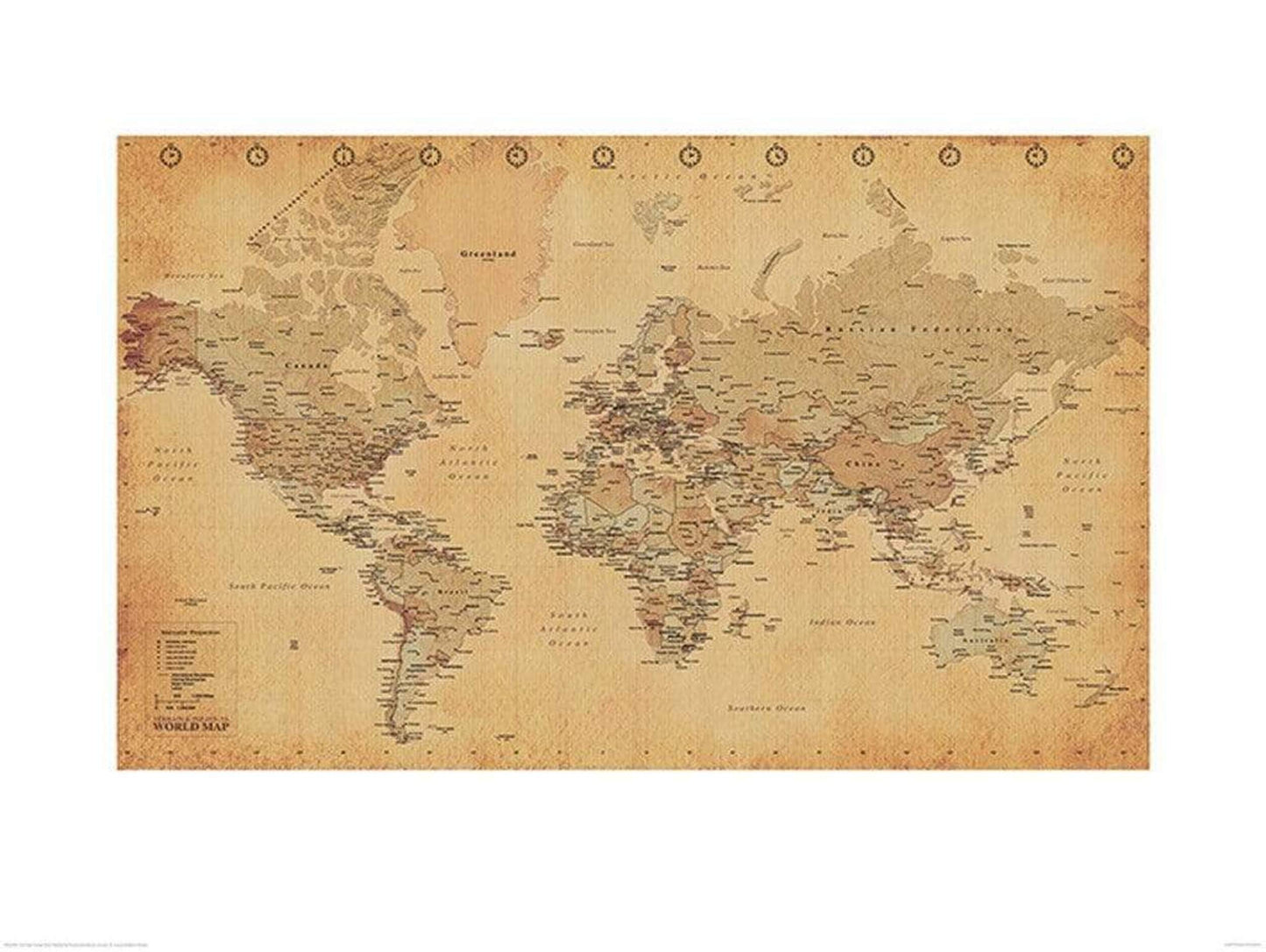 Art Print World Map Vintage Style 60x80cm
