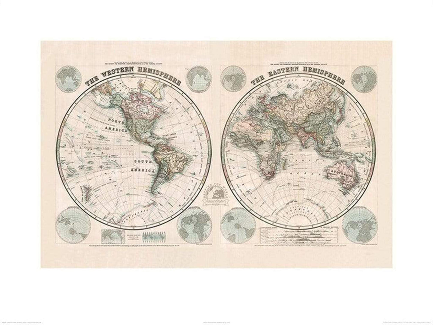 Art Print Stanfords - Eastern and Western Hemispheres Map 1877 60x80cm