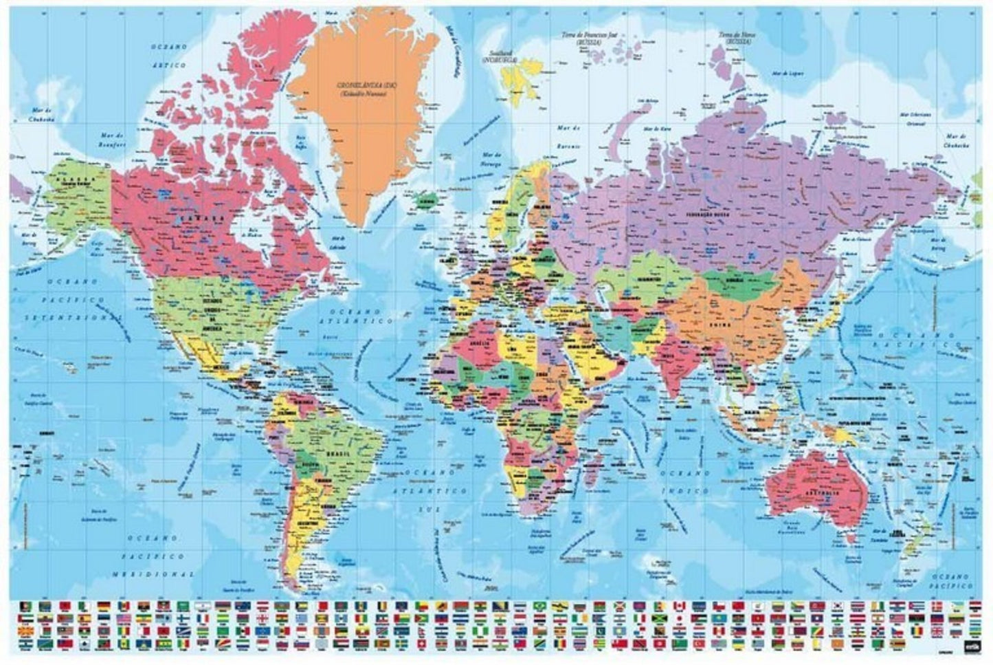 Poster Map World - Physical Politic - Portuguese - 91,5x61cm